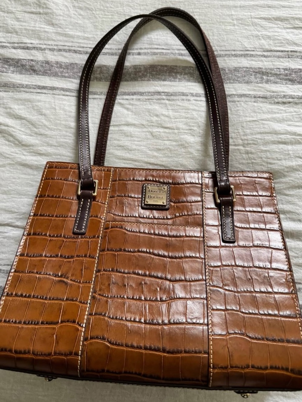 Dooney & Bourke Brown Croc-Embossed Tote with Dark Brown Straps